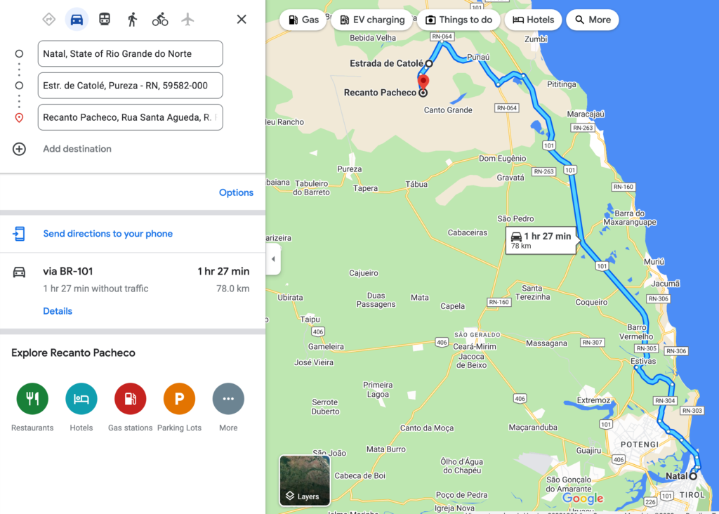 Mapa com rota de Natal até Catolé em Rio do Fogo RN - Como chegar no Recanto Pacheco